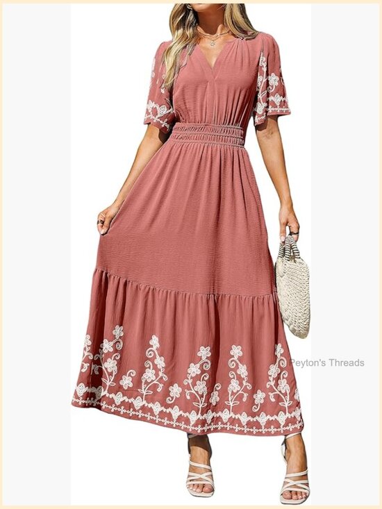 Dresses & Skirts - Women's Embroidered Floral Boho Maxi Dress V-Neck Short Sleeve A-Line